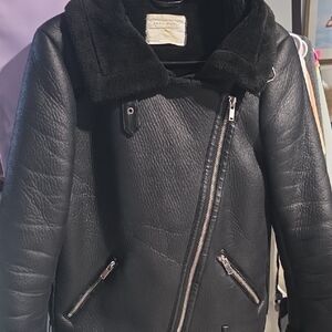 Zara Black Leather Jacket with Shearling Collar